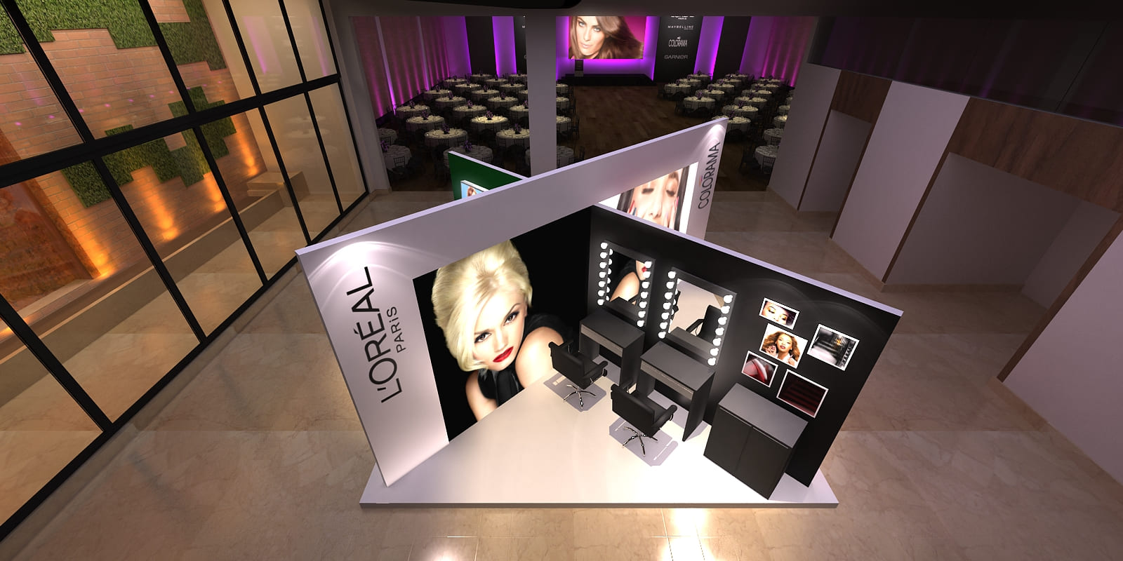 Projeto de quiosque para evento, para a exposição das linhas de produtos da marca de beleza L'Oréal.