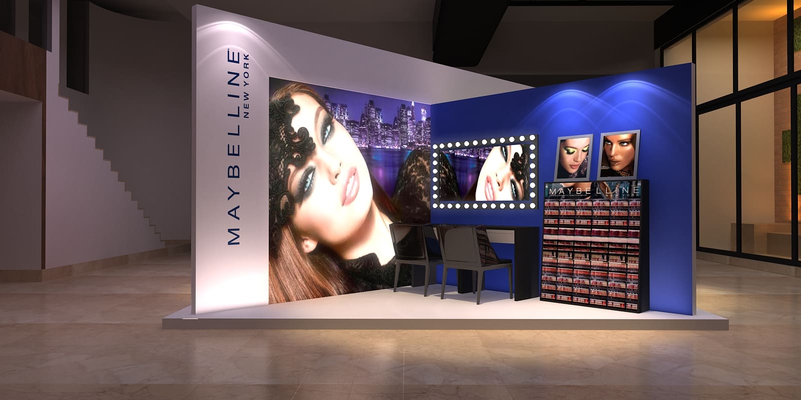 Projeto de quiosque para evento, para a exposição das linhas de produtos da marca de beleza L'Oréal. 