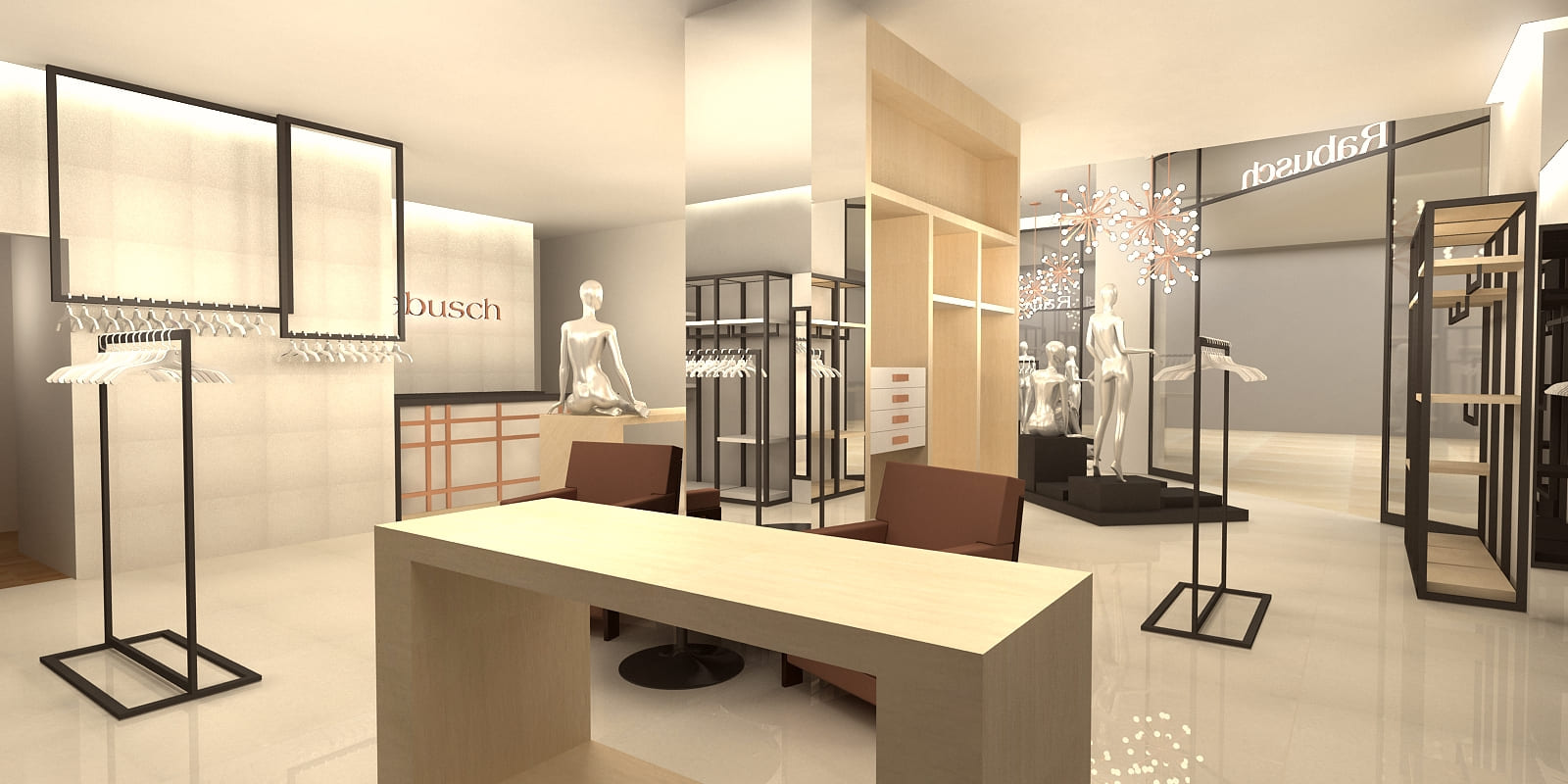 Arquitetura de interior de loja de roupas e acessórios femininos para a marca de moda Rabush.