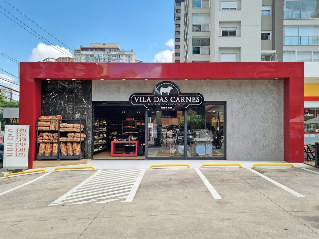 Fachada, arquitetura loja, casa de carnes, bebidas e conveniência, Vila das Carnes.